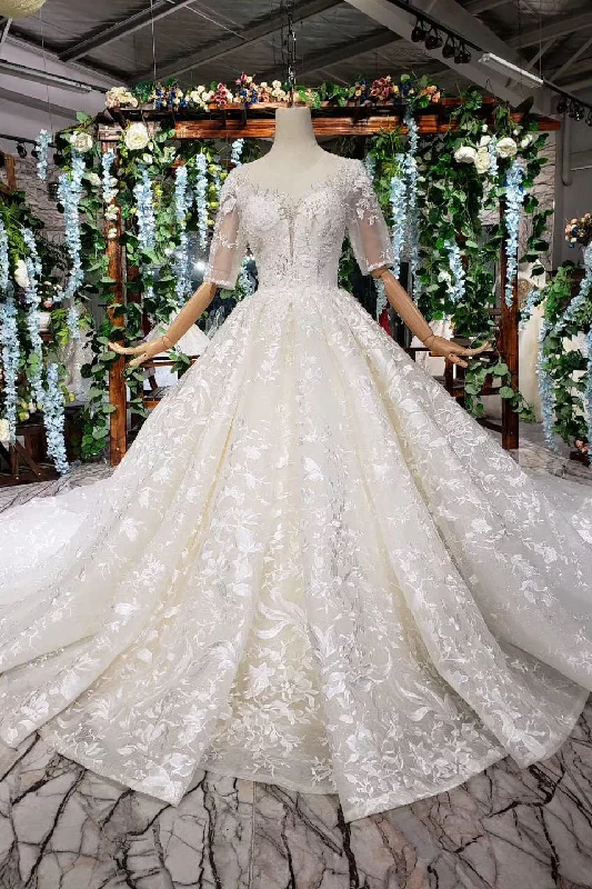 Lace Half Sleeves Ball Gown Wedding Dress, Fashion Beading Big Wedding Gown OKK3