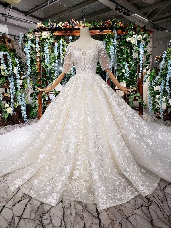 Lace Half Sleeves Ball Gown Wedding Dress, Fashion Beading Big Wedding Gown OKK3