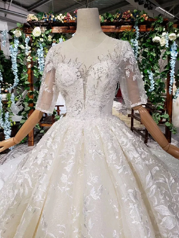 Lace Half Sleeves Ball Gown Wedding Dress, Fashion Beading Big Wedding Gown OKK3