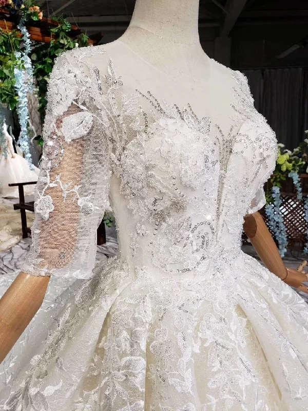 Lace Half Sleeves Ball Gown Wedding Dress, Fashion Beading Big Wedding Gown OKK3