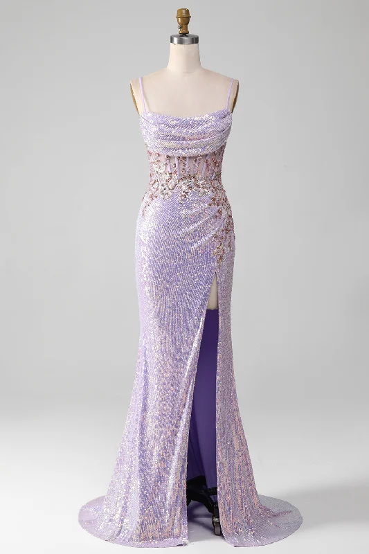 Lilac Sparkly Spaghetti Straps Mermaid Prom Dress with Slit