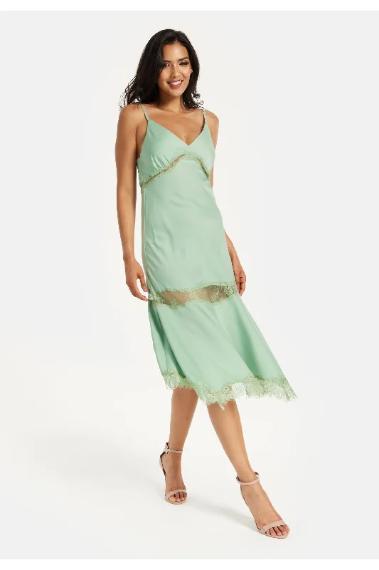 Liquorish Fine Lace Detail Strip Midi Dress In Sage Green