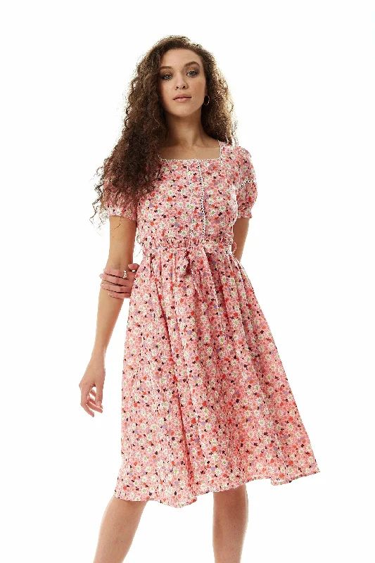 Liquorish Pink Floral Midi Dress With Trim Lace Details