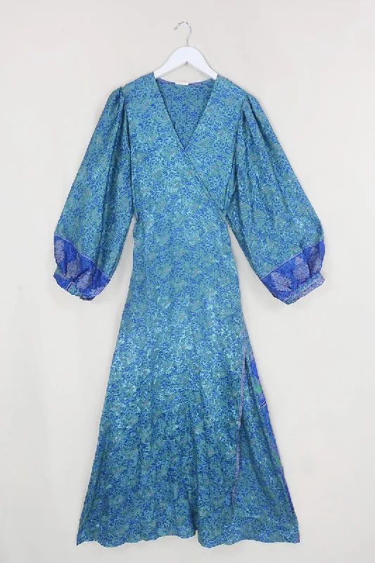 Lola Wrap Dress - Lagoon Blue Paisley Shimmer - Size M/L