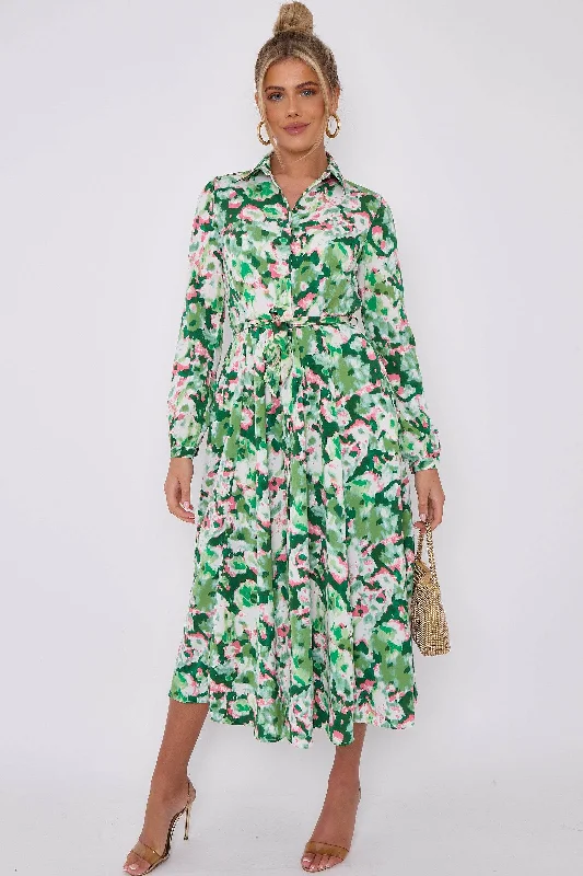 LOVE SUNSHINE Green Floral Print Long Sleeve Midaxi Shirt Dress