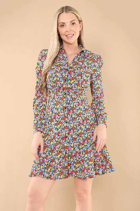 LOVE SUNSHINE Rainbow Floral Printt Frilled Hem Mini Dress