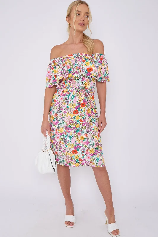 LOVE SUNSHINE White Floral Print Bardot Mini Dress