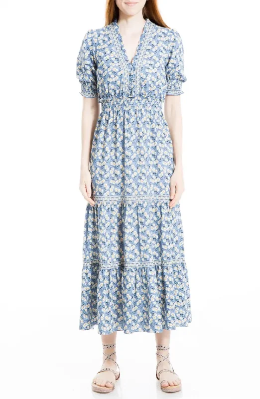 Max Studio Women's V-Neck Puff Sleeve Floral Tiered Dress, Blue, XS