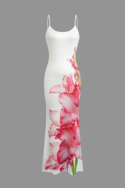 Bold Floral Print Slip Backless Maxi Dress