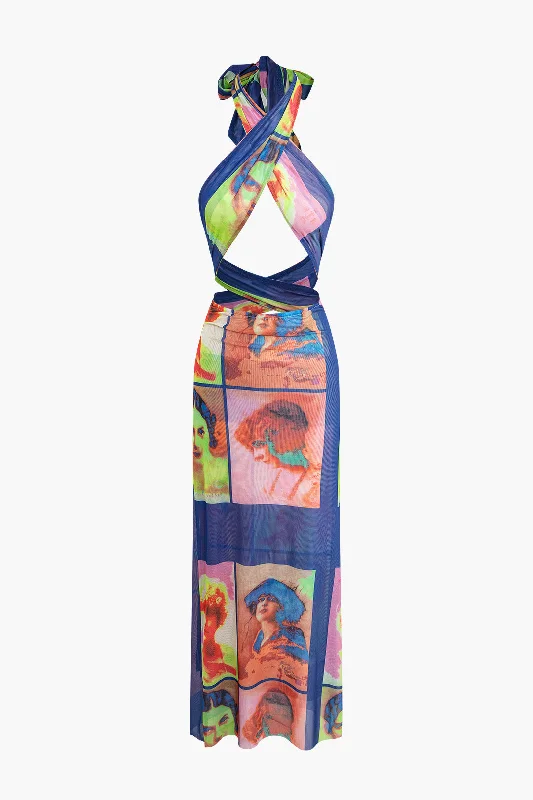 Artistic Print Halter Crisscross Mesh Maxi Dress