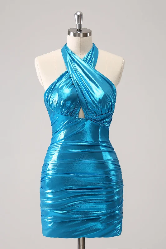 Metallic Tight Halter Backless Satin Blue Homecoming Dress