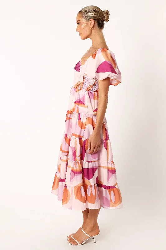 Mollie Puff Sleeve Midi Dress - Pink Swirl