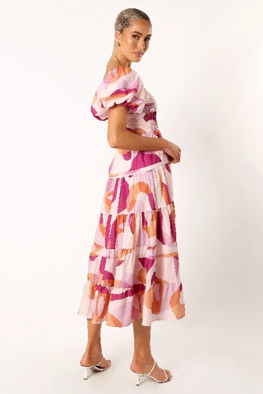 Mollie Puff Sleeve Midi Dress - Pink Swirl