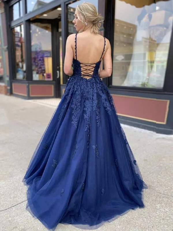 Navy Blue Spaghetti Straps Tulle Prom Dress V-Neck Long Appliques Evening Dress OKX19