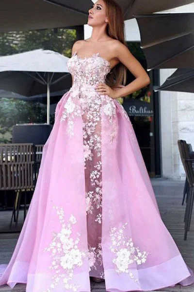 New A-Line Sweetheart Sweep Train Pink Tulle Prom Dresses with Lace Appliques OK901