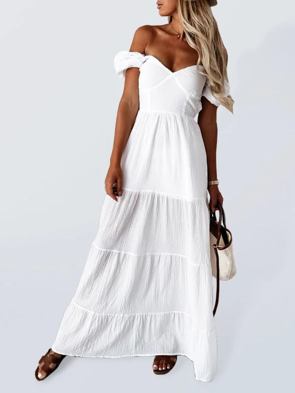 Summer Dress With Short Sleeves, Plain Color, Open Back, Spaghetti Straps, High Waist.