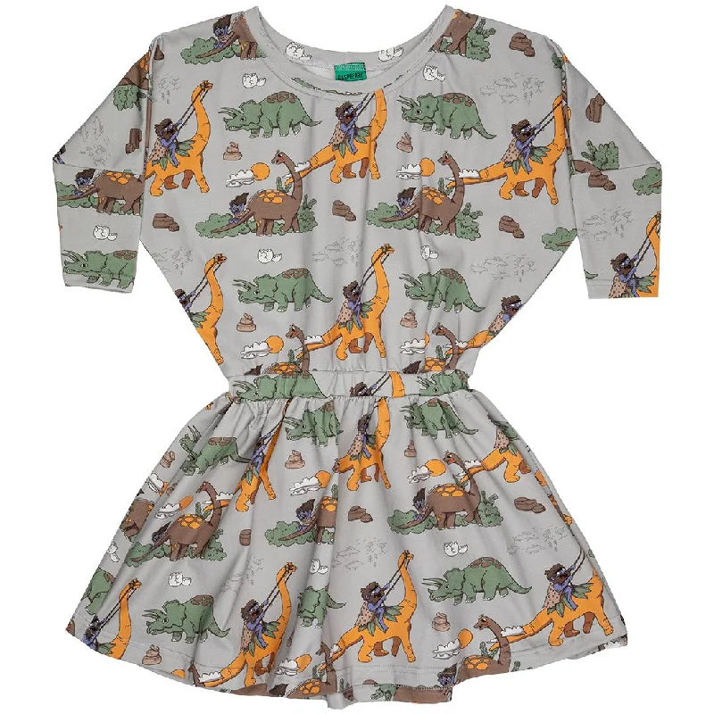 Dino Riders Long Sleeve Dress - Grey