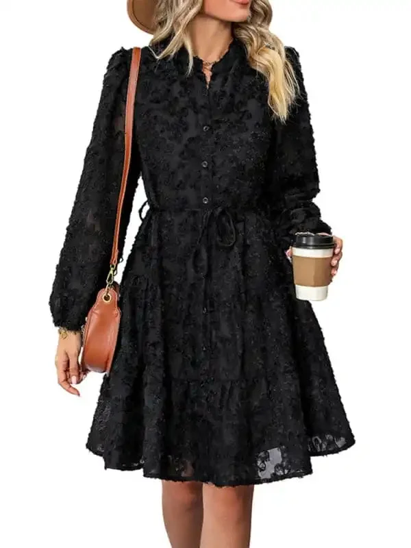 Women’s New Solid Color Three-Dimensional Jacquard Long-Sleeved Round Neck Dress