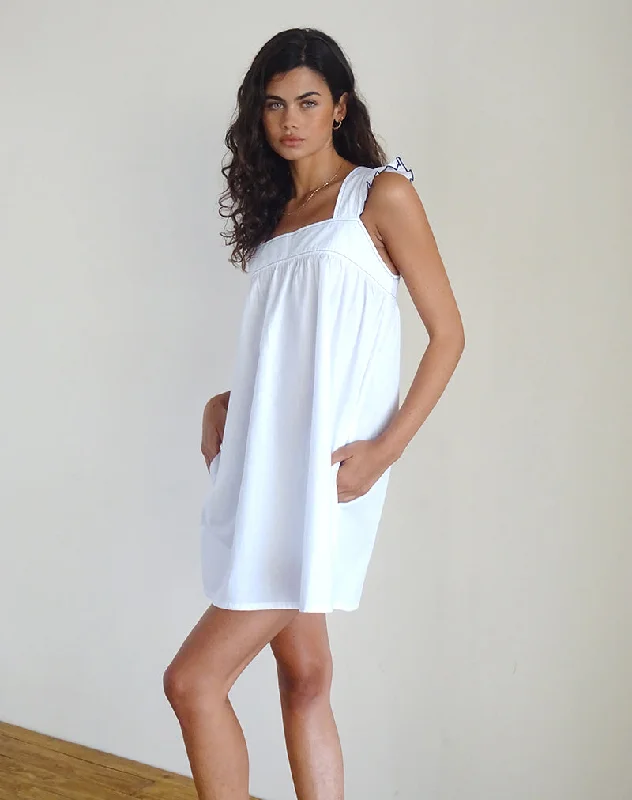 Sanaly Mini Dress in White with Navy Babylock