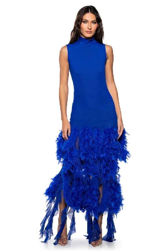 SLEEK AND CHIC FEATHER MAXI DRESS