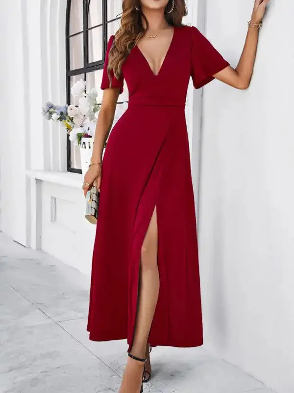 Women’s new solid color V-neck waist dress