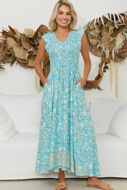 Tamika Shirred Maxi Dress - Aqua/Beige