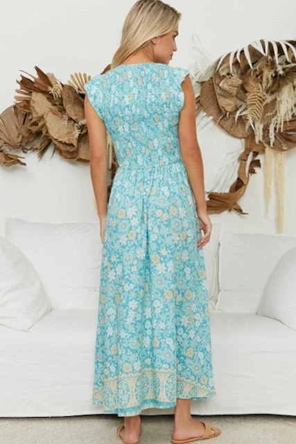 Tamika Shirred Maxi Dress - Aqua/Beige