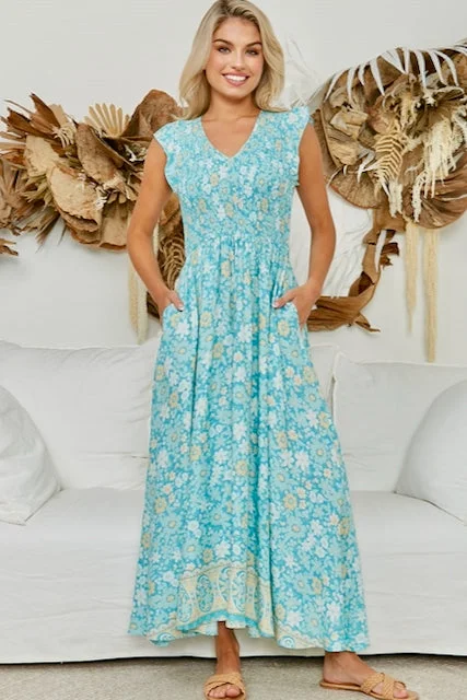 Tamika Shirred Maxi Dress - Aqua/Beige