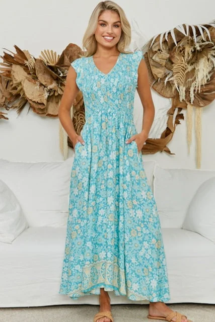 Tamika Shirred Maxi Dress - Aqua/Beige