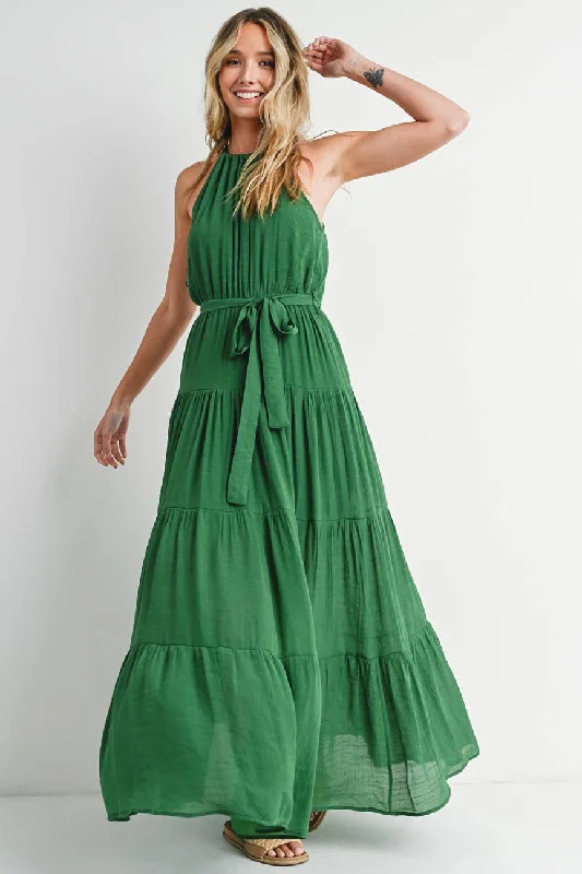 BLUIVY TIERED HALTER TIE-WAIST MAXI DRESS