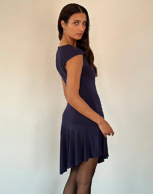 Winslow Asymmetric Frill Mini Dress in Navy