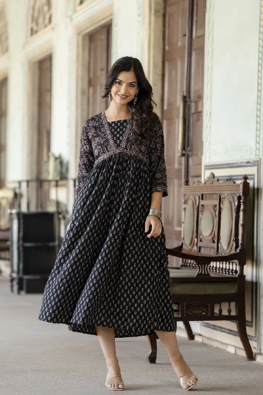 Women Black Ethnic Printed Flared Dress