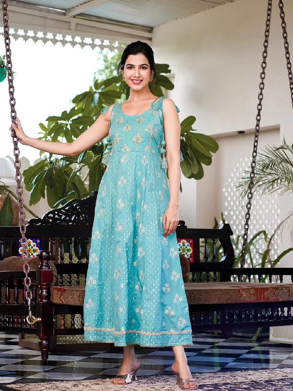 Women's Sea Green Strappy Anarkali Dress - Yufta