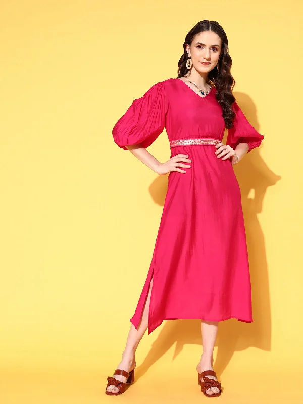 Women's Pink Solid A-Line Dress - Yufta