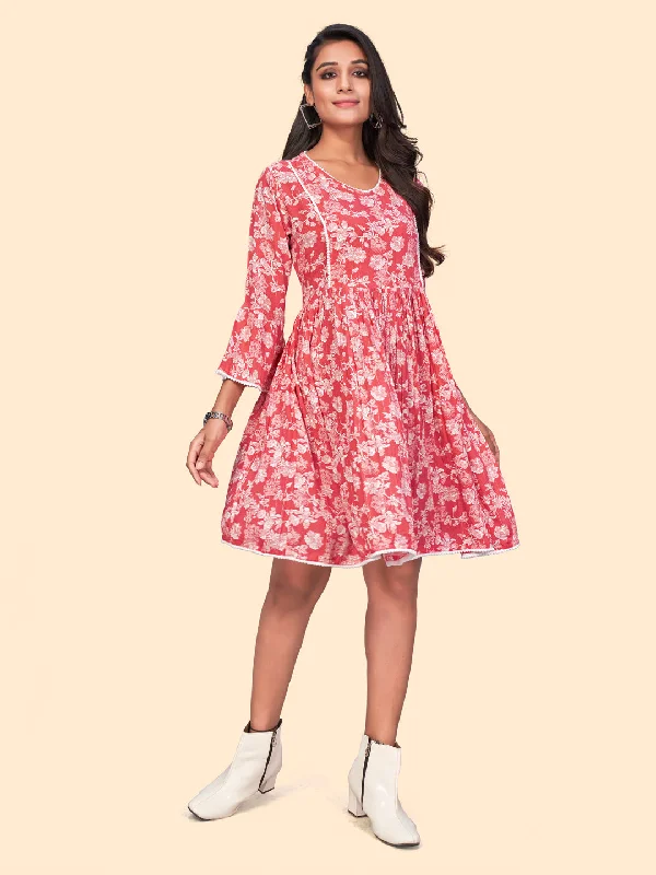 Women's Floral Print Flared Georgette Pink Stitched Dress