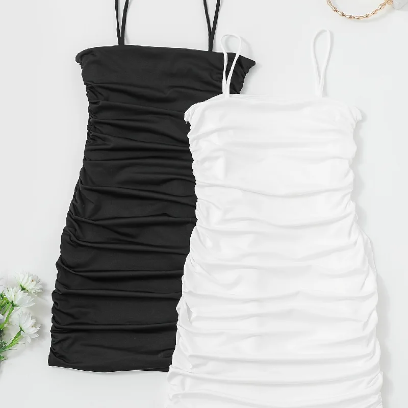 2pcs Solid Bodycon Cami Dress Set, Casual Every Day Dress For Spring & Summer, Women's Clothing