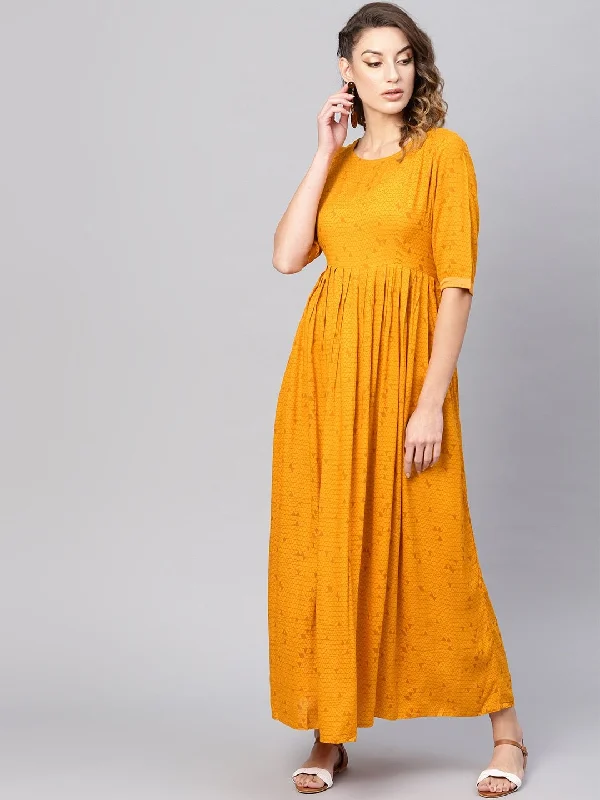 Women's  Mustard Yellow Printed Maxi Dress - AKS