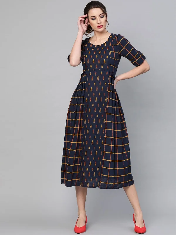 Women's  Navy Blue & Orange Printed A-Line Dress - AKS