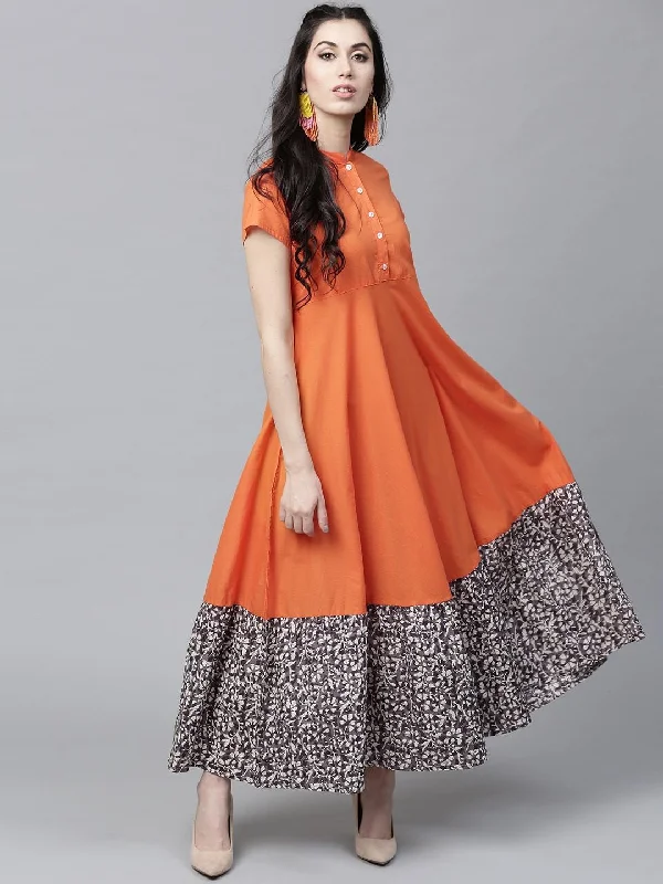 Women's  Orange Printed Detail Maxi Dress - AKS