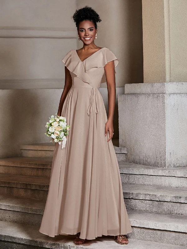 V neck Chiffon Dresses with Cap Sleeves Taupe