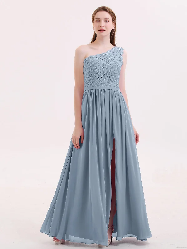 One Shoulder Chiffon And Lace Dress with Slit Dusty Blue