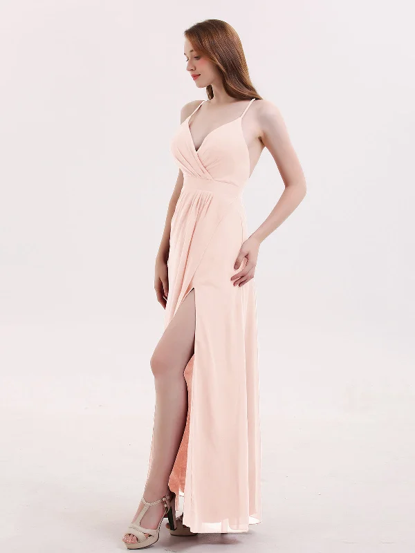 Sexy Deep V Neck Dress with Slit Pearl Pink