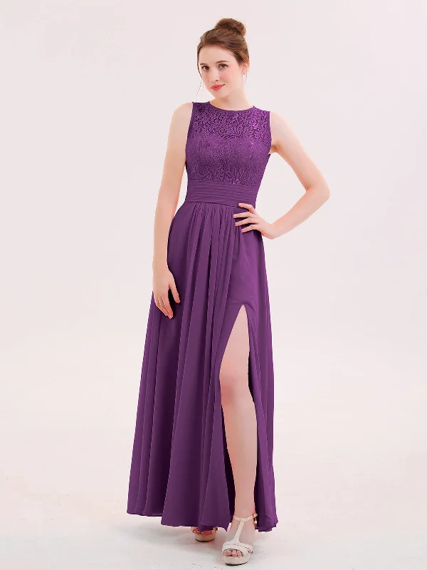 Illusion Neck Lace and CHIffon Dress with Slit Grape