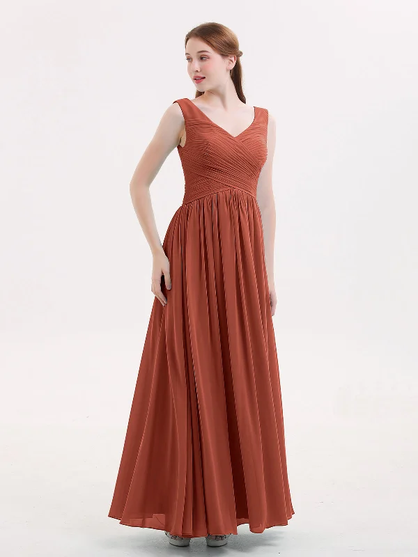 V Neck Maxi Chiffon Dresses with Ziper Back Rust