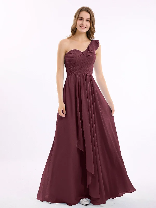 One ruffle Shoulder Long Bridesmaid Dress Cabernet