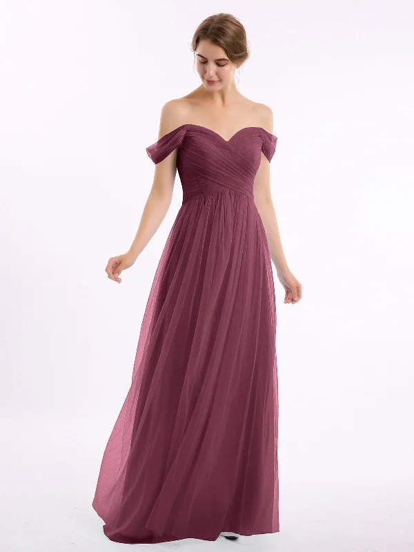 Off the Shoulder Sweetheart Neck Tulle Dress Mulberry