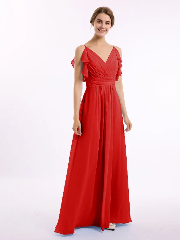 Spaghetti Strap Ruffles V-neck Chiffon Dresses Red