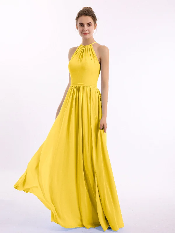 Halter Long Chiffon Gowns with Double Straps-Marigold