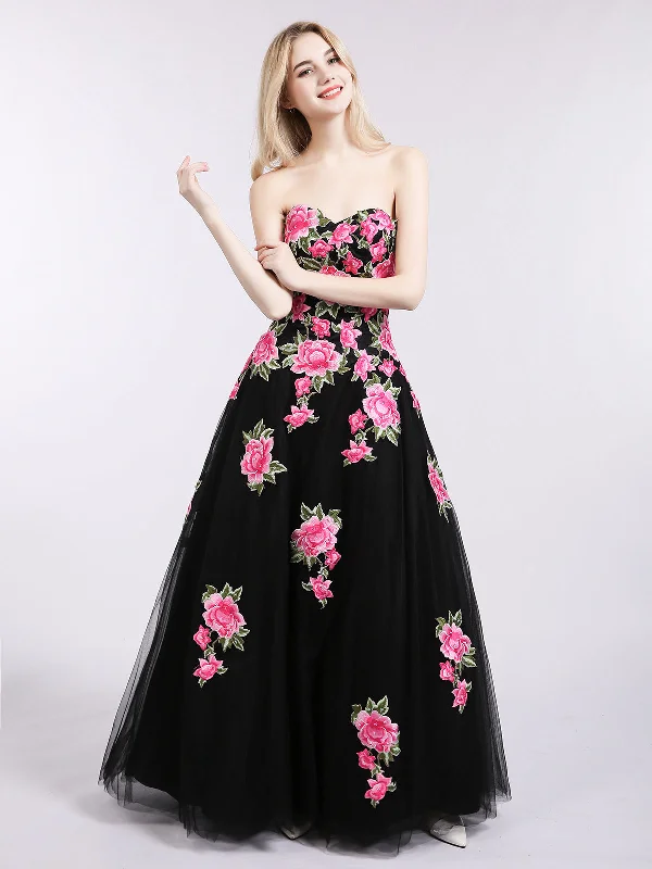 Strapless Floral Tulle Formal Dress-Gold