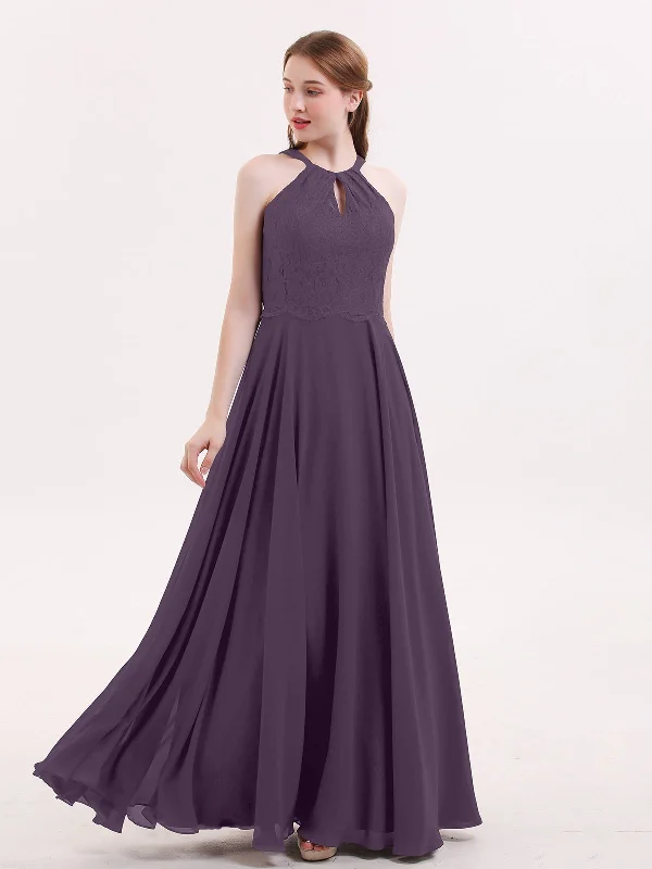 Lace and Chiffon Halter Dress with Open Back-Plum